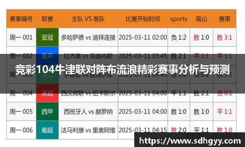 竞彩104牛津联对阵布流浪精彩赛事分析与预测
